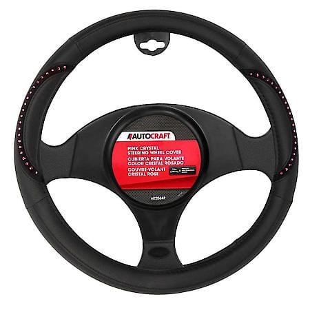 Steering Wheel Cover, Black Faux Leather, Fashion, Fits 15" & Smaller, Pink Crystal, Bling