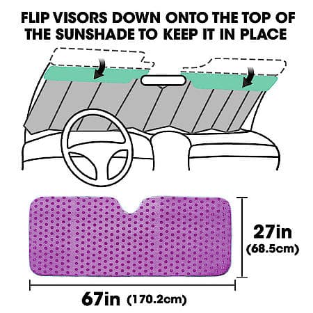 Windshield Sunshade, Pink Glitter Film/ Double Bubble, Jumbo 67"x27", Accordion Style