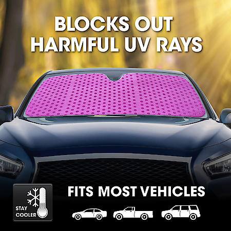 Windshield Sunshade, Pink Glitter Film/ Double Bubble, Jumbo 67"x27", Accordion Style