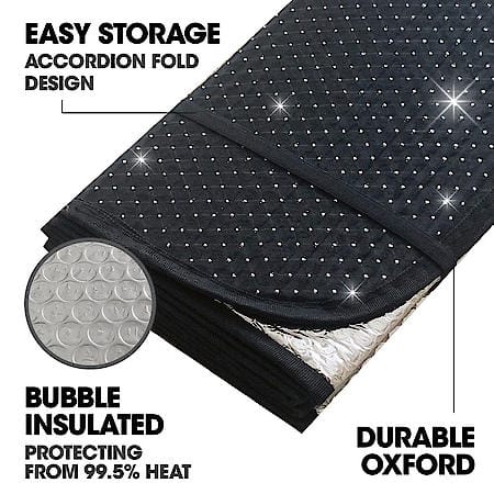 Windshield Sunshade, Bling Black Oxford, Jumbo 67"x27", Accordion Style