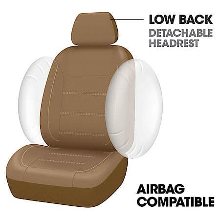 AutoCraft Seat Cover: Tan, Faux Leather, Low Back, Breathable, Universal, 2 Pack