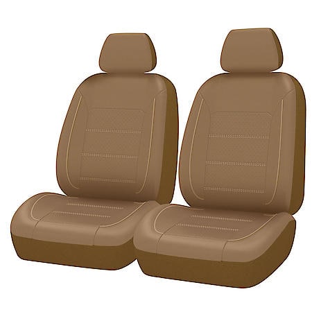 AutoCraft Seat Cover: Tan, Faux Leather, Low Back, Breathable, Universal, 2 Pack