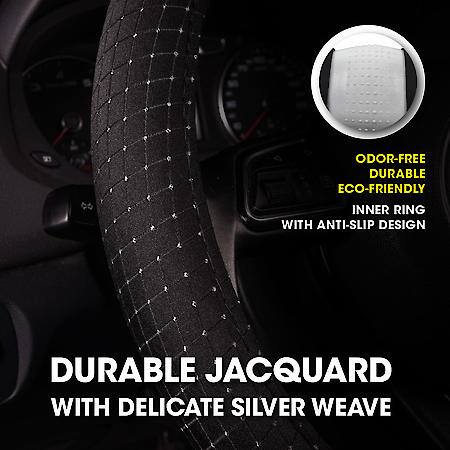 AutoCraft Delicate Silver Weave Steering Wheel Cover: Black Jacquard, Fits 14.5" - 15"