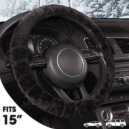 AutoCraft Fluffy Steering Wheel Cover: Black Plush, Fits 14.5" - 15", Warm, Action Grip