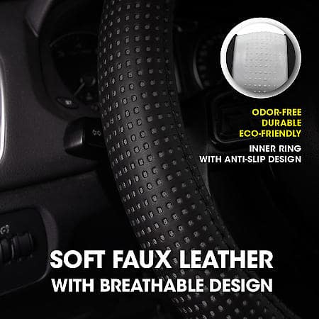 AutoCraft Perforated Sports Steering Wheel Cover: Black/Grey Faux Leather, Fits 14.5" - 15", Breathable