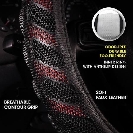 AutoCraft Cooling Steering Wheel Cover: Black/Red Faux Leather, Fits 14.5" - 15", Massage And Breathable