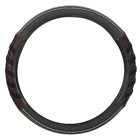 AutoCraft Cooling Steering Wheel Cover: Black/Red Faux Leather, Fits 14.5" - 15", Massage And Breathable
