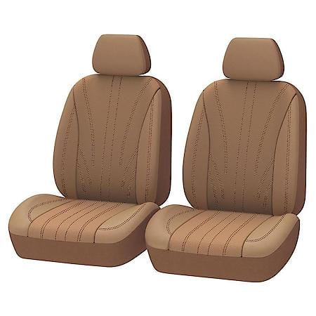 Car & SUV Seat Cover, Tan Faux Leather, Luxury, Universal, 2PK Low Back, Easy Fit, Embroidery