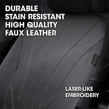 Car & SUV Seat Cover, Grey Faux Leather, Luxury, Universal, 2PK Low Back, Easy Fit, Embroidery