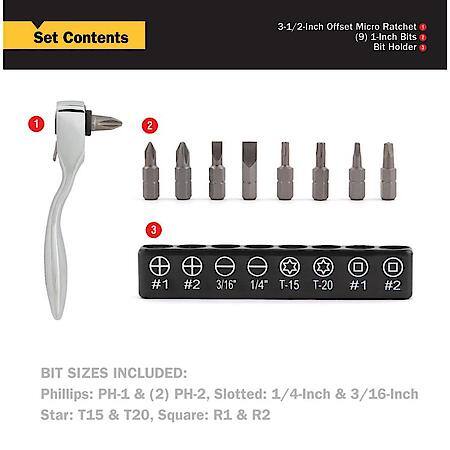 Bit Driver - Micro, Offset, 60-Tooth, Reversible, 11 Piece