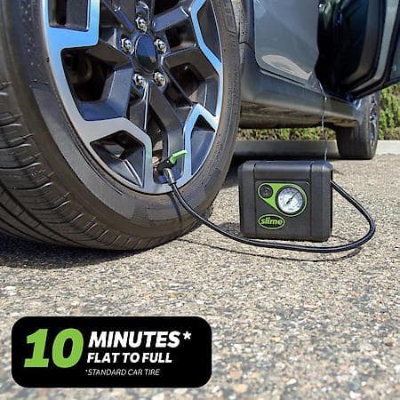 12 Volt Tire Inflator: 10 Min Inflation, 0-100 PSI Dial Gauge, LED Light,Compact