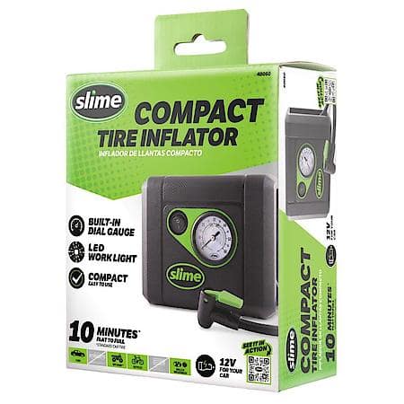 12 Volt Tire Inflator: 10 Min Inflation, 0-100 PSI Dial Gauge, LED Light,Compact