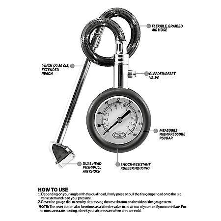 Dual Head RV Dial Tire Gauge: 10-160 PSI, Extra Long Air Hose, Shock Resistant