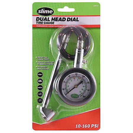 Dual Head RV Dial Tire Gauge: 10-160 PSI, Extra Long Air Hose, Shock Resistant