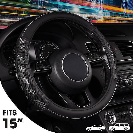 AutoCraft Cooling Steering Wheel Cover: Black/Grey Faux Leather, Fits 14.5" - 15", Massage And Breathable
