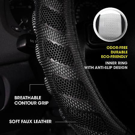 AutoCraft Cooling Steering Wheel Cover: Black/Grey Faux Leather, Fits 14.5" - 15", Massage And Breathable