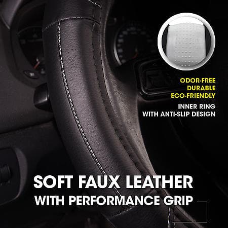 AutoCraft Truck Steering Wheel Cover: Black Faux Leather, Fits 15.75" -16.14", Performance Grip