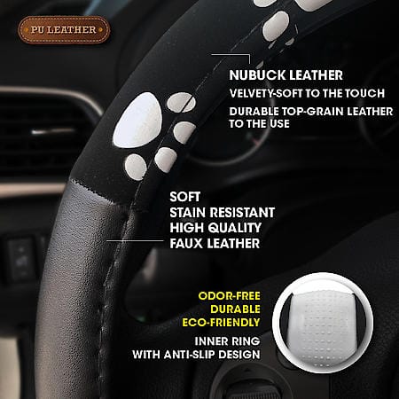 Pet Paw Steering Wheel Cover: Black Nubuck Leather, Fits 14.5" - 15"