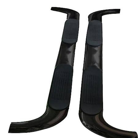 With Step Pads, 4"Oval Straight, Powder Coat Black Steel, Rocker Panel Mount