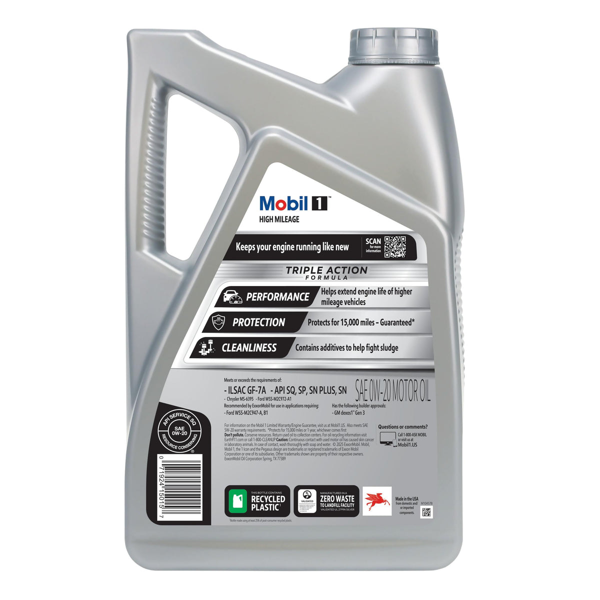 Mobil 1 High Mileage Full Synthetic 0W-20 Motor Oil 5 Quart 122536