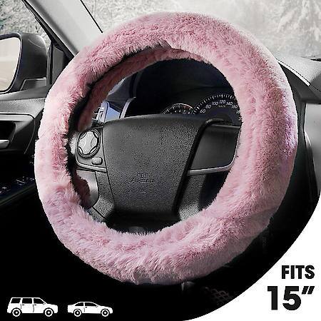 AutoCraft Fluffy Steering Wheel Cover: Rose Pink Plush, Fits 14.5" - 15", Warm, Extra Soft Padding