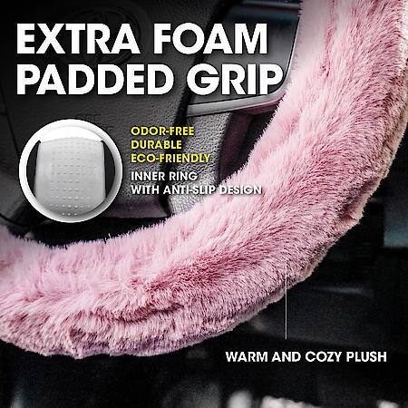 AutoCraft Fluffy Steering Wheel Cover: Rose Pink Plush, Fits 14.5" - 15", Warm, Extra Soft Padding
