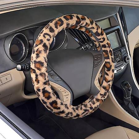 Leopard Print Steering Wheel Cover: HyperFlex Core For Easy Install, Fits 14.5" - 15.5", Fluffy