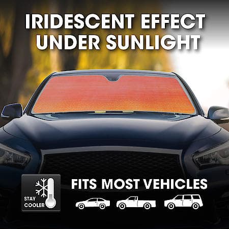 Windshield Sunshade, Orange Glitter Film, Luxury, Jumbo 67"x27", Accordion Style