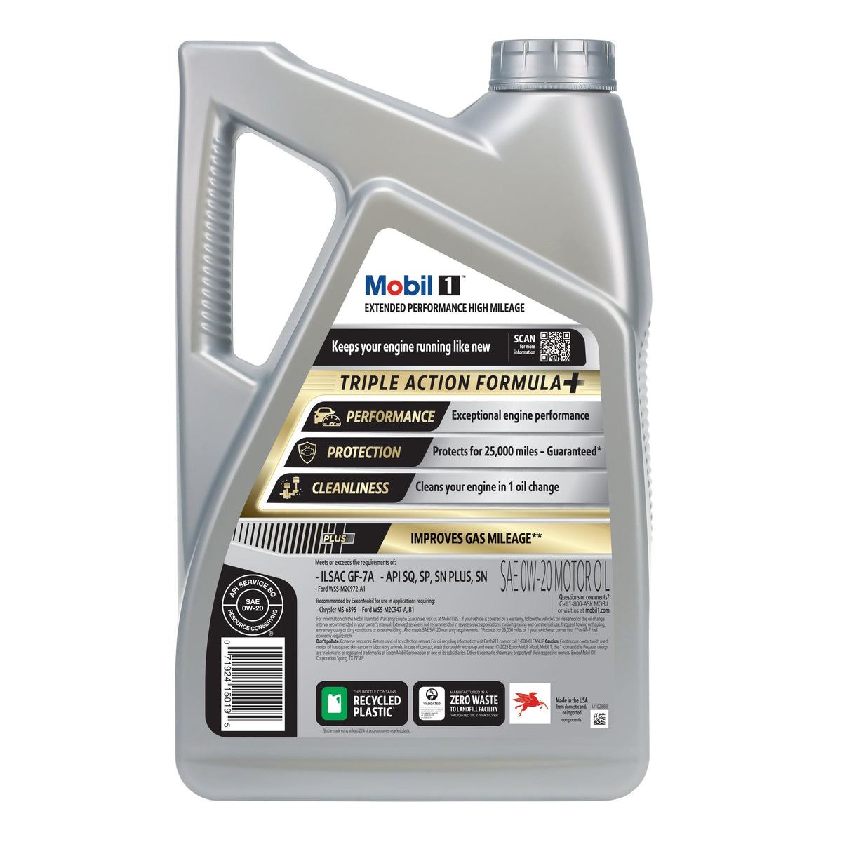 Mobil 1 Extended Performance High Mileage Full Synthetic 0W-20 Motor Oil 5 Quart 123837