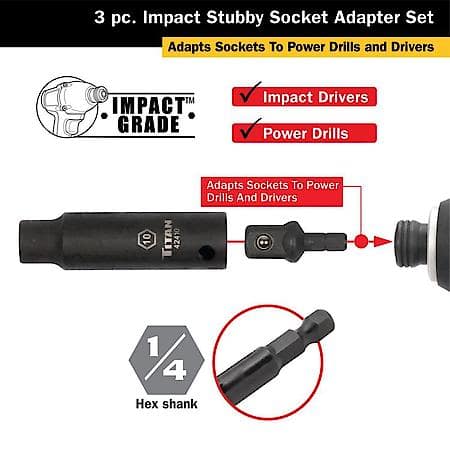 Socket Adapter Set - 1/4 3/8 and 1/2 Inch Drive, Stubby, Impact, 3-Piece