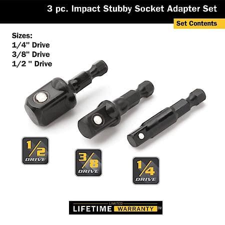 Socket Adapter Set - 1/4 3/8 and 1/2 Inch Drive, Stubby, Impact, 3-Piece