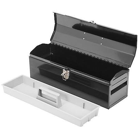 19" Hip Roof Style Portable Steel Tool Box With Metal Latch Closure And Removable Storage Tray