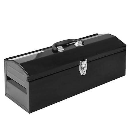 19" Hip Roof Style Portable Steel Tool Box With Metal Latch Closure And Removable Storage Tray