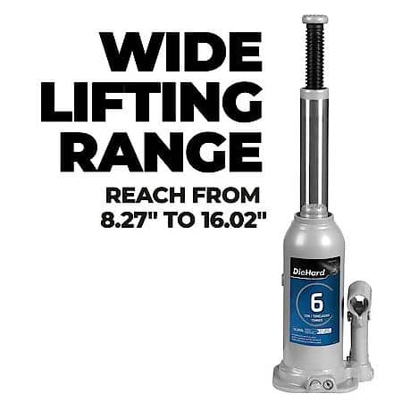 6 Ton Hydraulic Bottle Jack, Lifting Range, 8.27 in to 16.02 in