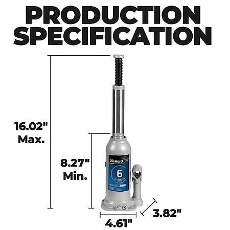6 Ton Hydraulic Bottle Jack, Lifting Range, 8.27 in to 16.02 in