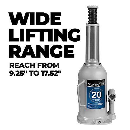 20 Ton Hydraulic Bottle Jack, Lifting Range, 9.25 in to 17.52 in
