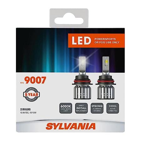 9007: LED Powersports Headlight or Fog Bulb, 6000K Cool White Light, 2 Pack