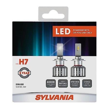 H7 LED Powersports Headlight or Fog Bulb, 6000K Cool White Light, 2 Pack