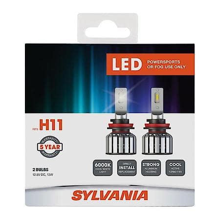 H11: LED Powersports Headlight or Fog Bulb, 6000K Cool White Light, 2 Pack