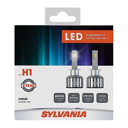 H1 LED Powersports Headlight or Fog Bulb, 6000K Cool White Light, 2 Pack