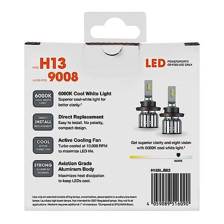 H13: LED Powersports Headlight or Fog Bulb, 6000K Cool White Light, 2 Pack