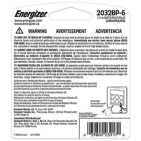 Energizer 2032 Batteries (6 Pack), 3V Lithium Coin Batteries