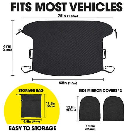 Universal Windshield Cover, Black Durable Oxford, 78"x47", Extra Large, Water Repellent, All-Season