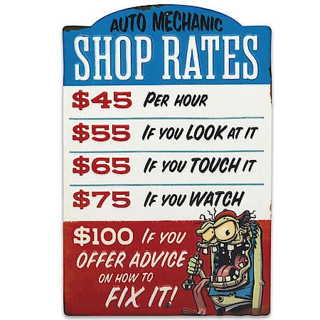 Auto Mechanic Shop Rates Embossed Metal Sign