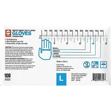 White Heavy Duty Latex Disposable Gloves: 8 Mil, Powder Free, Large, 10 Count