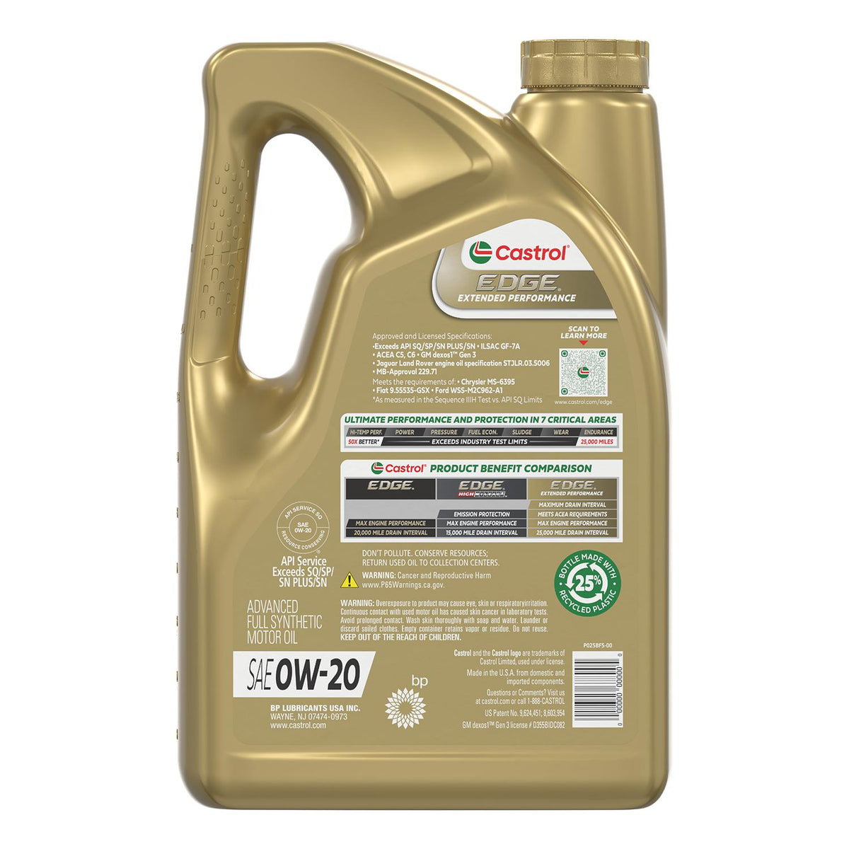 Castrol EDGE Extended Performance Full Synthetic 0W-20 Motor Oil 5 Quart 15B58F
