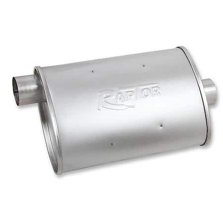 Raptor Turbo Muffler, 2.25in Offset Inlet 2.25in Center Outlet, Non-Reversible, Mild Sound
