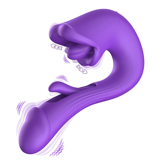 4 in 1 Hollow Flapping G Spot Vibrator Dildo with Tongue Licking Bite Slap Functions Clitoral Stimulation Sex Toy for Women