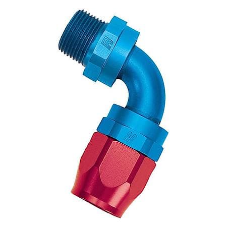 Full Flow Swivel Pipe Thread Hose End, 1/2" NPT, Red/Blue, 90°