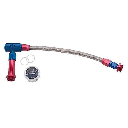 6AN-3/8" Female NPT Carb Inlet Kit & Gauge, Holey 4150 Carbs w/ Red/Blue Finish